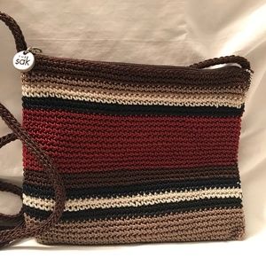 The Sak Burgundy, Tan, Cream and Black Striped Cocheted Mini Bag